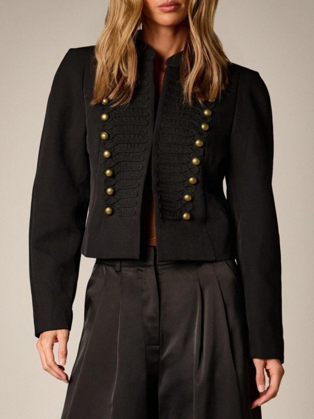 Black Gold Braid Military Band Jacket - Cropped Officer Style